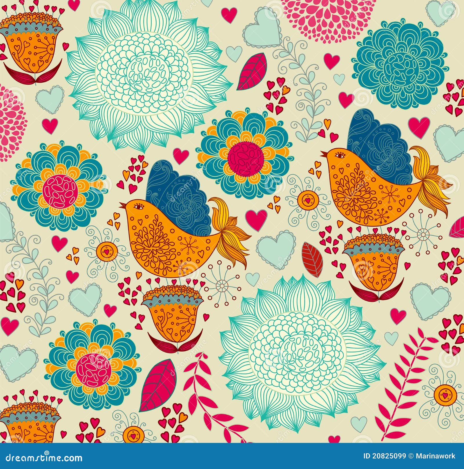 Decorative floral pattern with birds and beautiful flowers