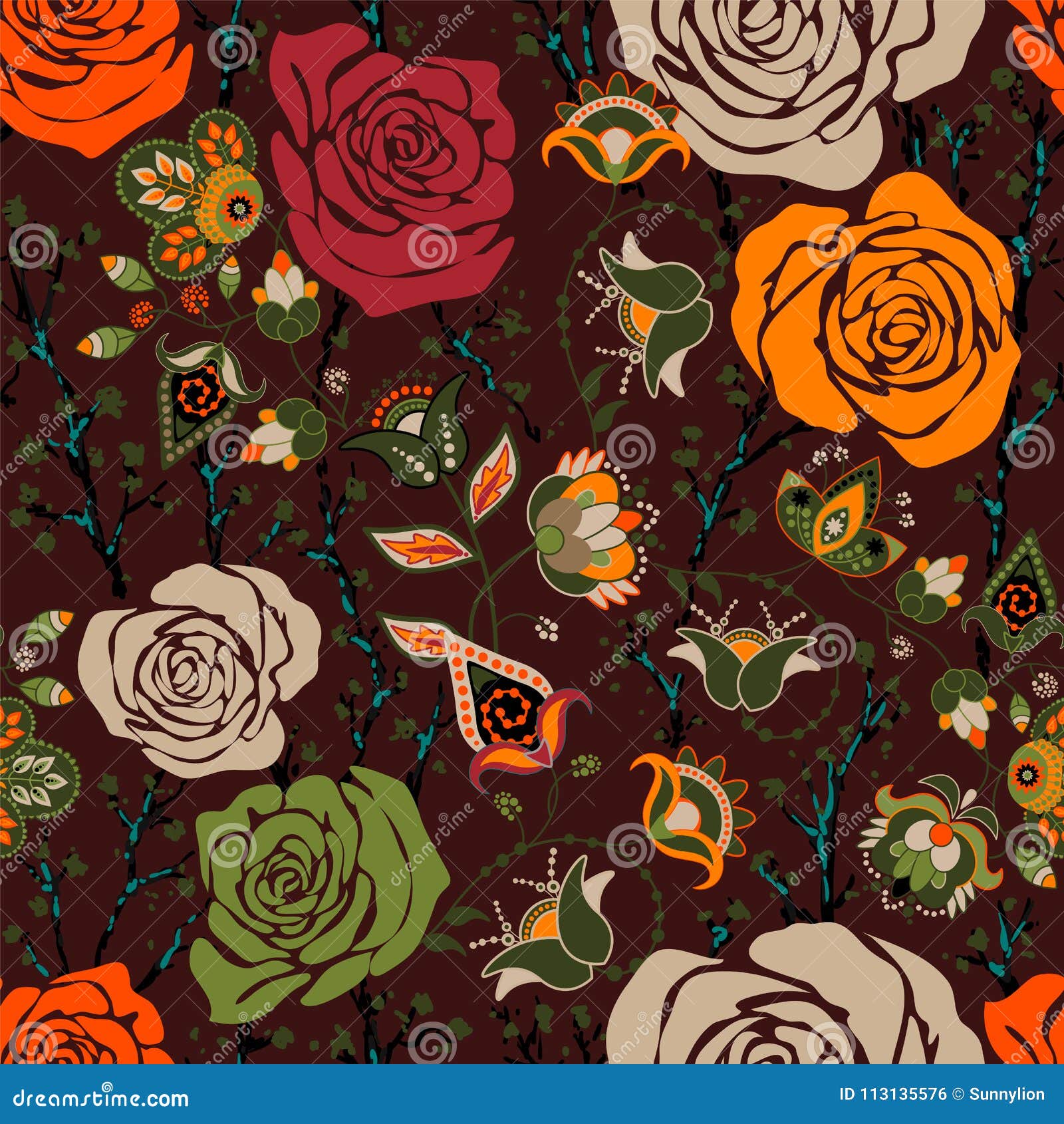 Colorful Pattern with Roses. Decorative Flowers, Seamless Pattern ...
