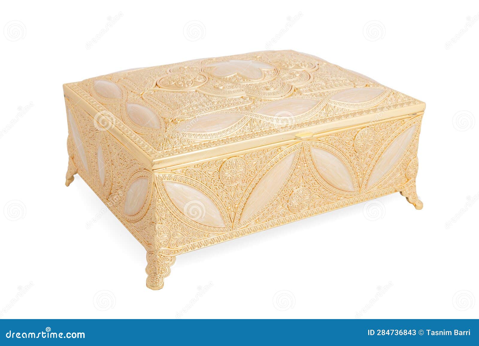 Decorative Gold Box Isolated on White Background. Clipping Path Stock