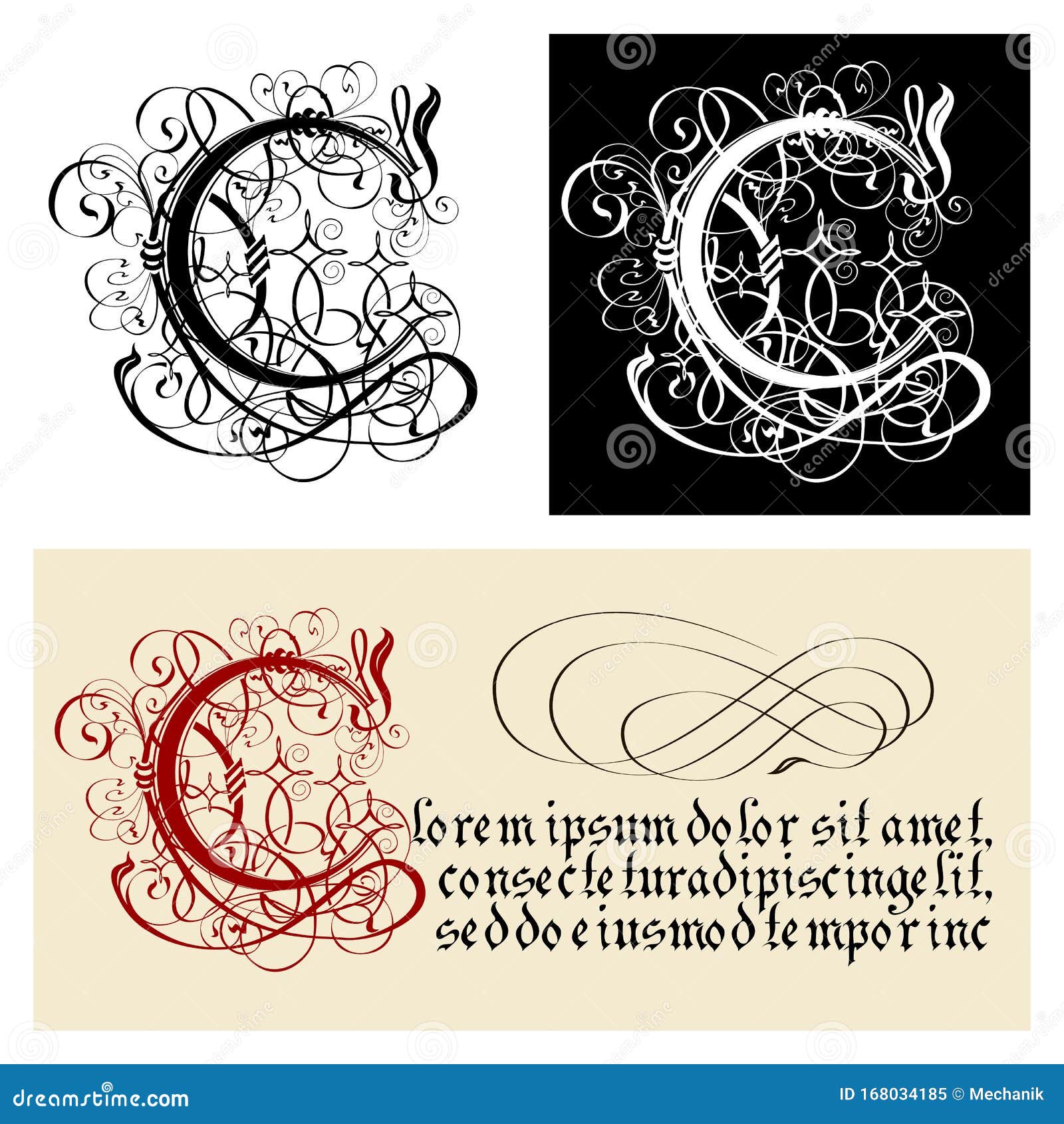 decorative gothic letter c. uncial fraktur calligraphy.