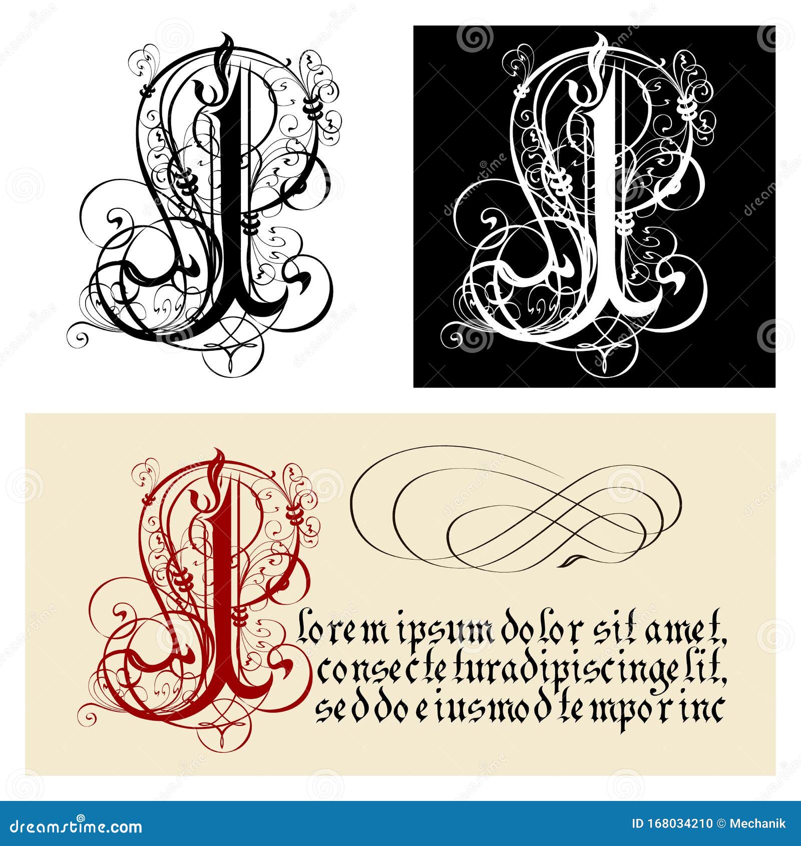 decorative gothic letter i. uncial fraktur calligraphy.
