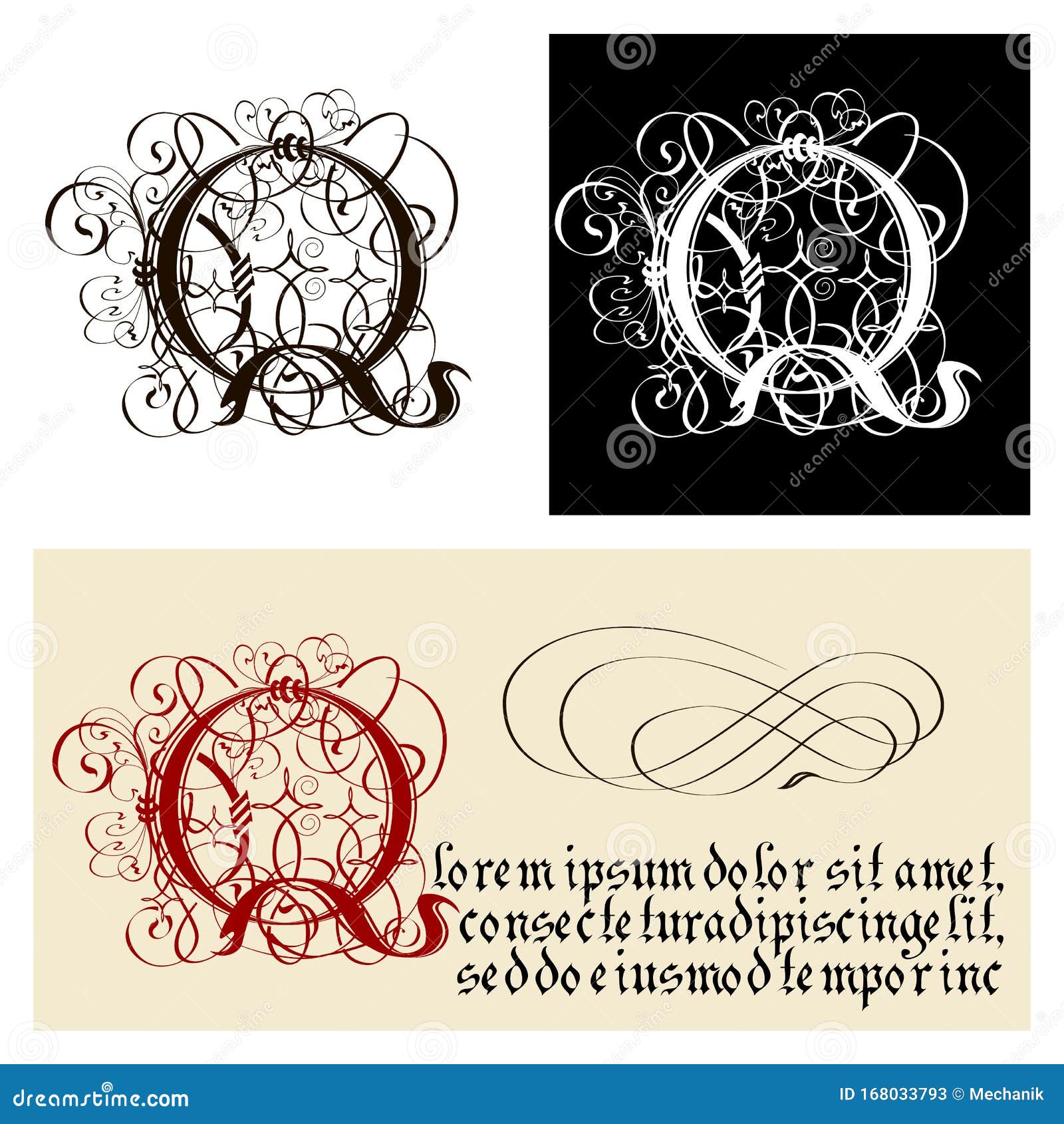 decorative gothic letter q. uncial fraktur calligraphy.