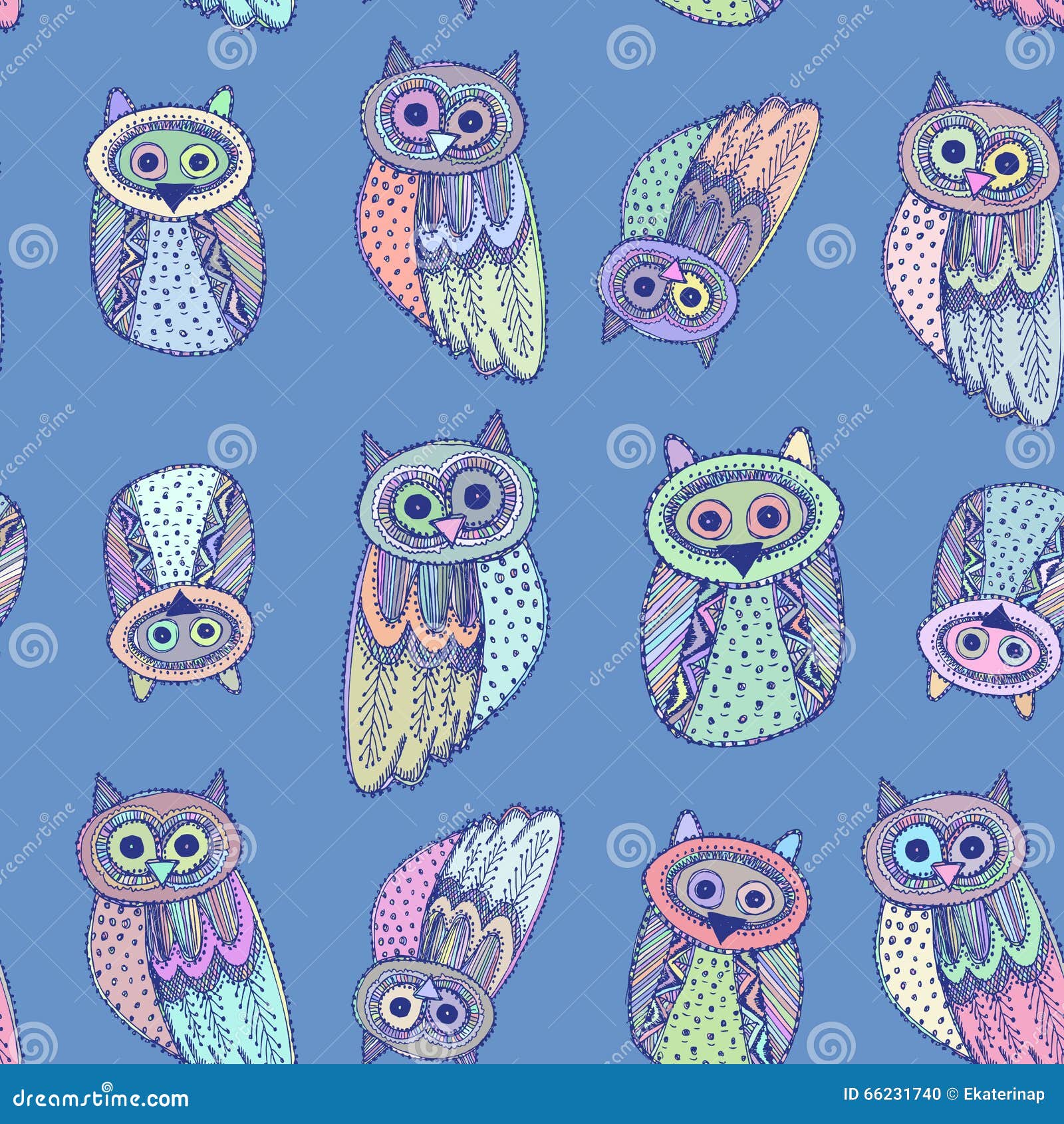 Decorative Hand Dravn Cute Owl Sketch Doodle On Blue Background