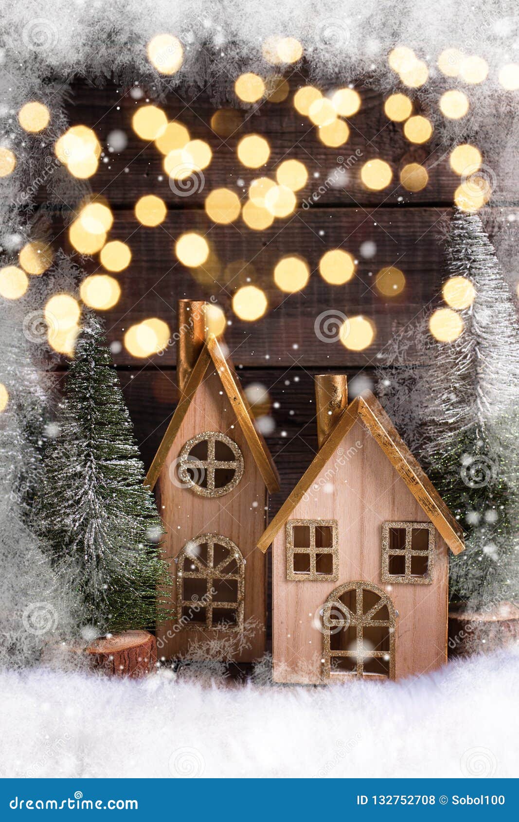 Decorative Houses and Fur Trees with Boken Lights on Aged Woode Stock ...