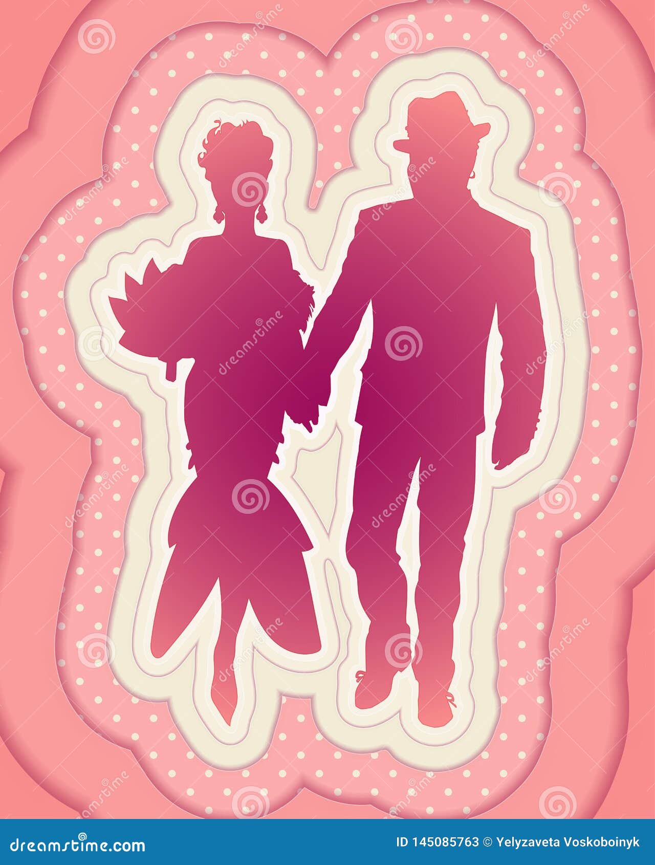 Beautiful silhouette of elegant couple. Decorative illustration in the style of paper cut. Depicts the silhouette of an elegant couple in evening wear. Woman and man go holding hands. She has a bouquet. Templates for design, cards