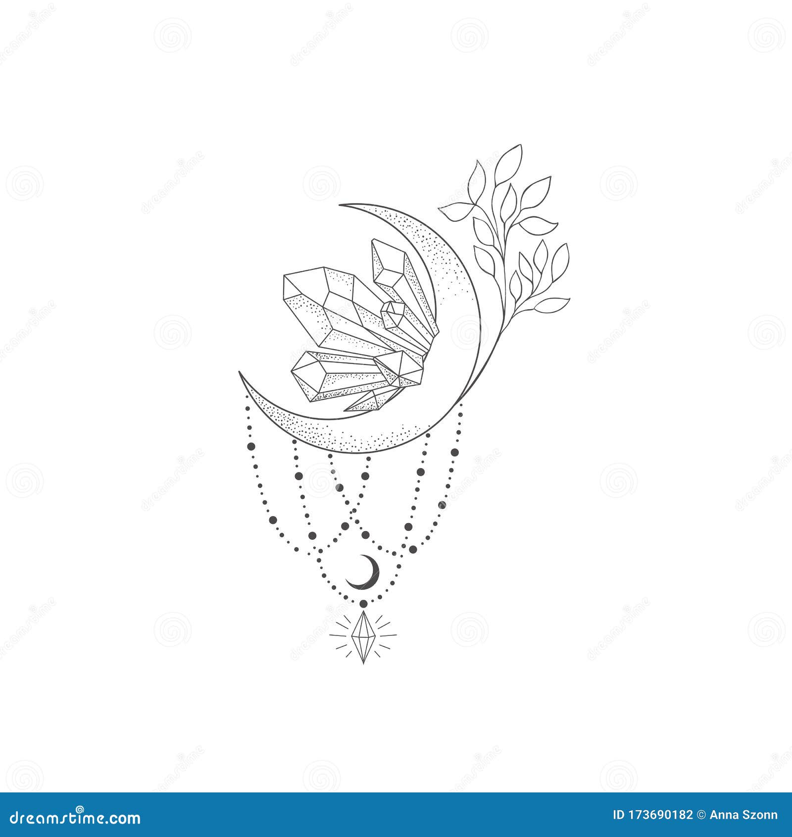 Decorative Mystery Floral Design with Moon and Crystal. Tattoo or T-shirt  Print Stock Vector - Illustration of leaf, alchemy: 173690182