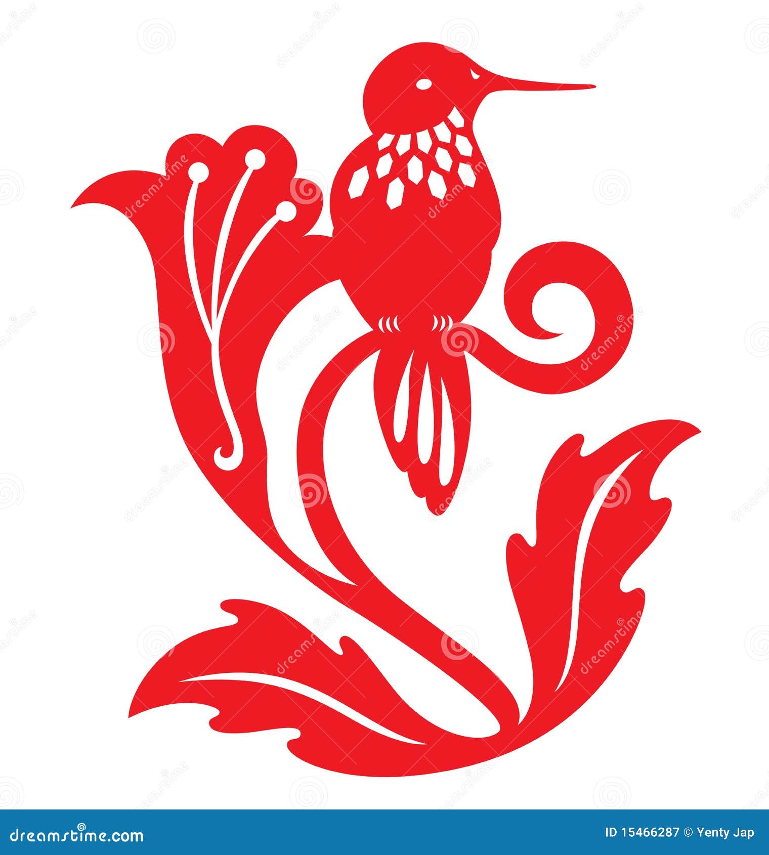 Decorative Paper Cut Humming Bird on Flowers Stock Vector