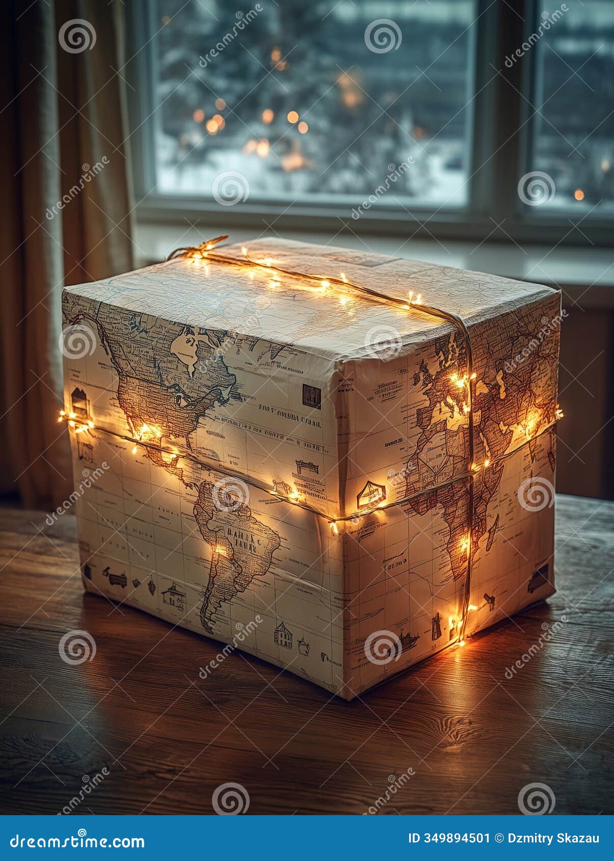 decorative parcel wrapped in a world map adorned with twinkling lights