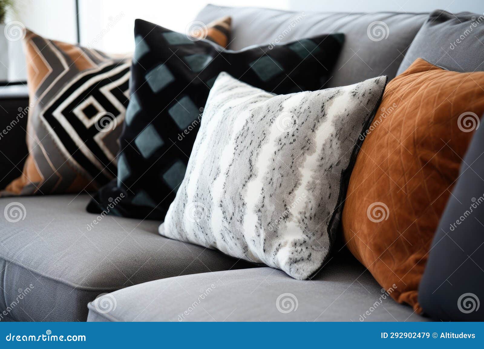 Decorative Pillows on a Grey Sofa Stock Illustration Illustration of