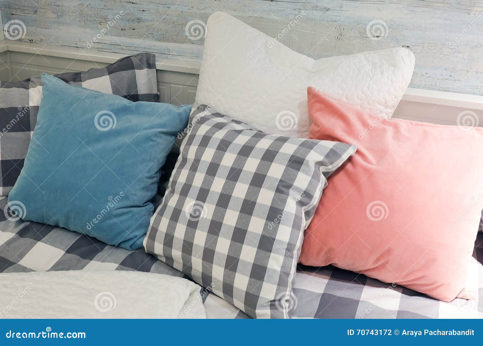 Decorative Pillows on White Wooden Comfortable Sofa Stock Photo Image