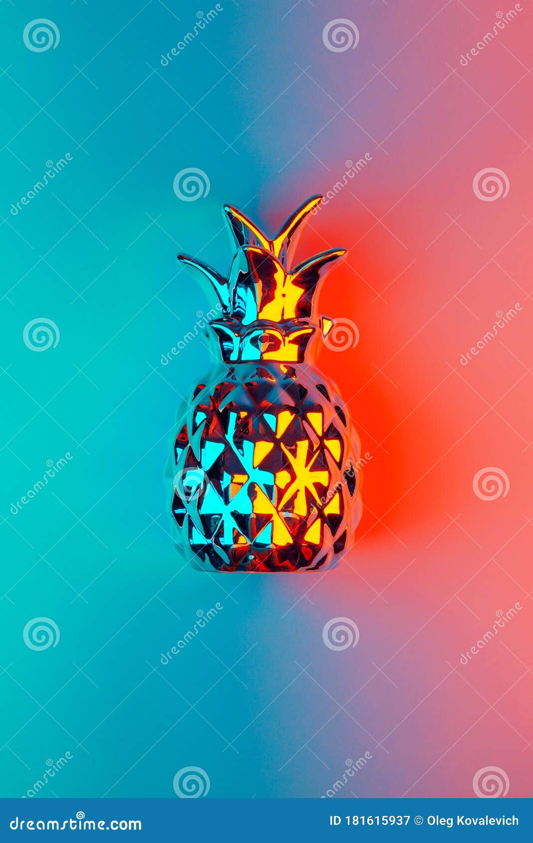 Decorative Pineapple in Neon Light, Tropical Fruit in Disco Style Stock