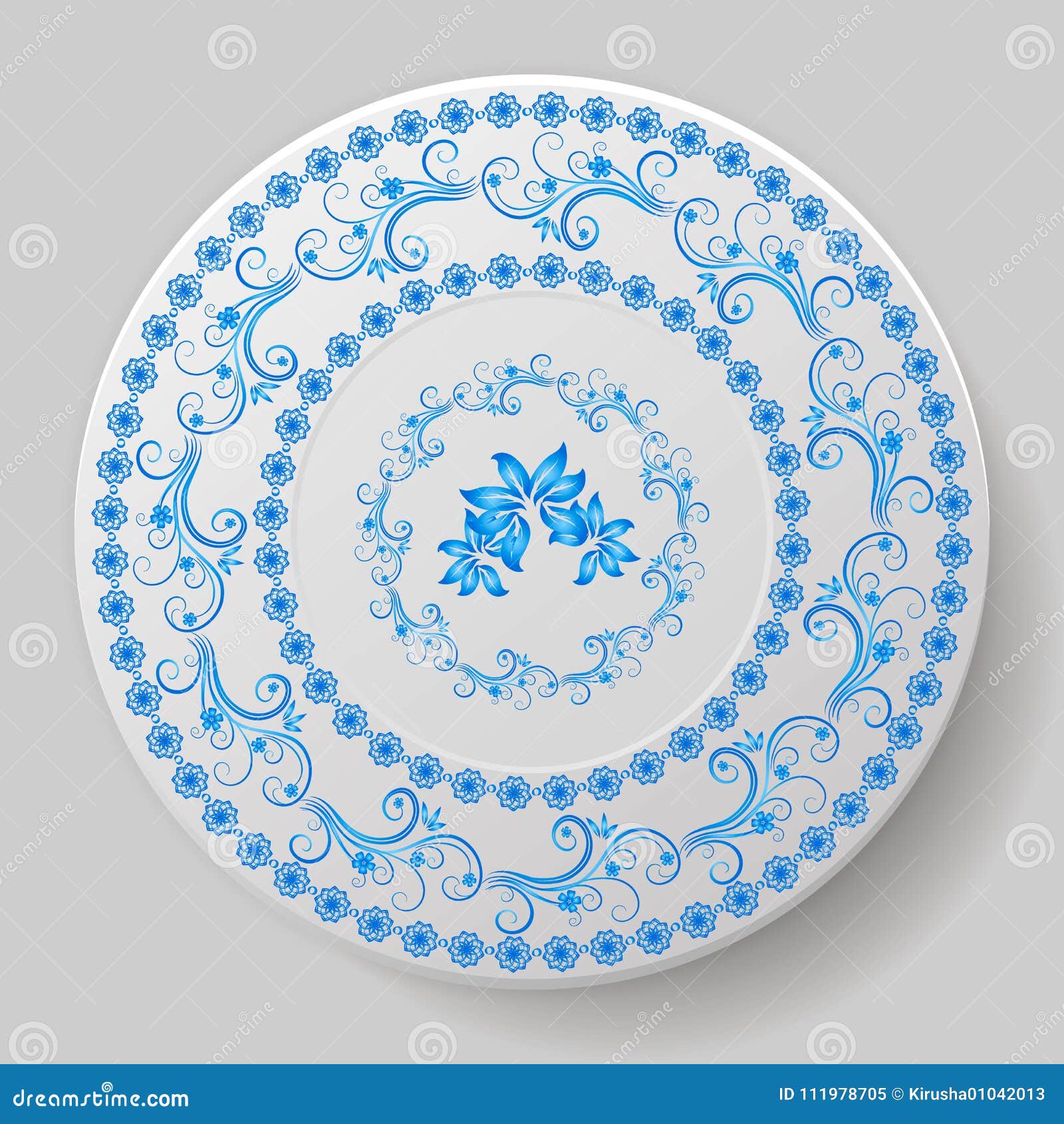 Decorative Plate with Blue Pattern, Ornament. Stock Vector