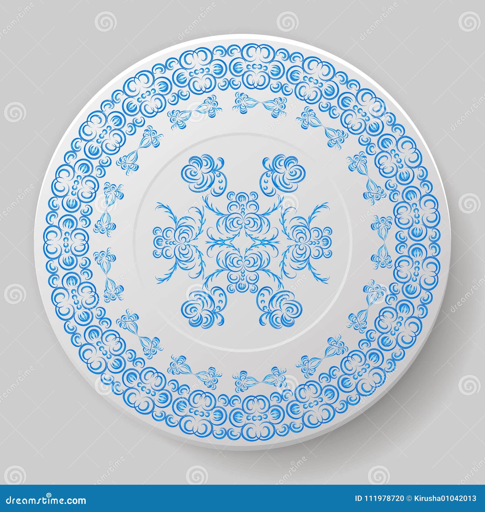Decorative Plate with Blue Pattern, Ornament. Stock Vector