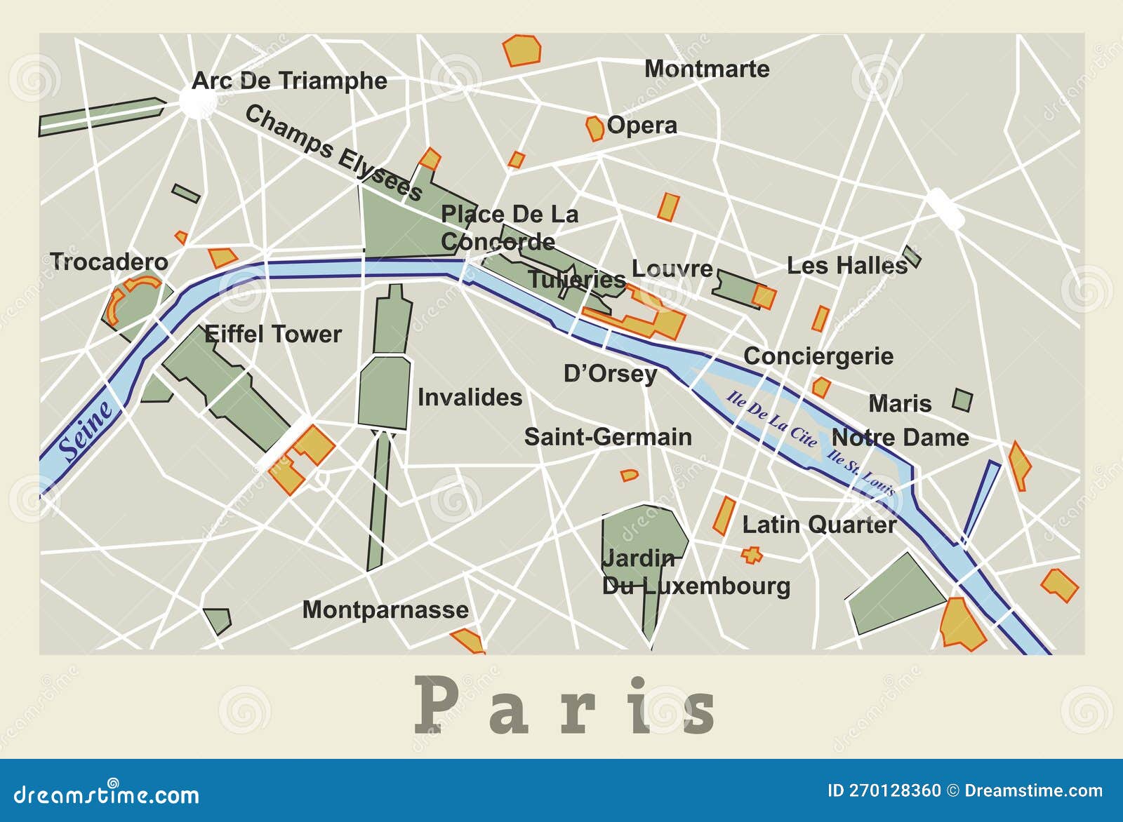 Decorative Poster Map of Central Paris. Vector Stock Vector