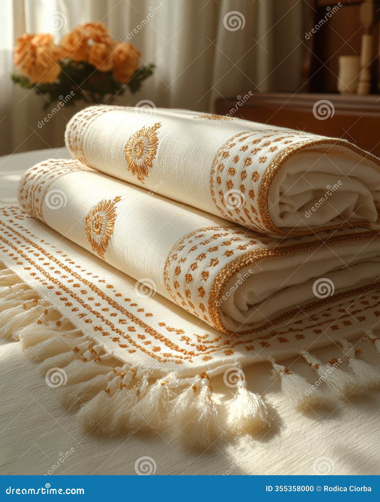 decorative prayer mats with tassels on a table