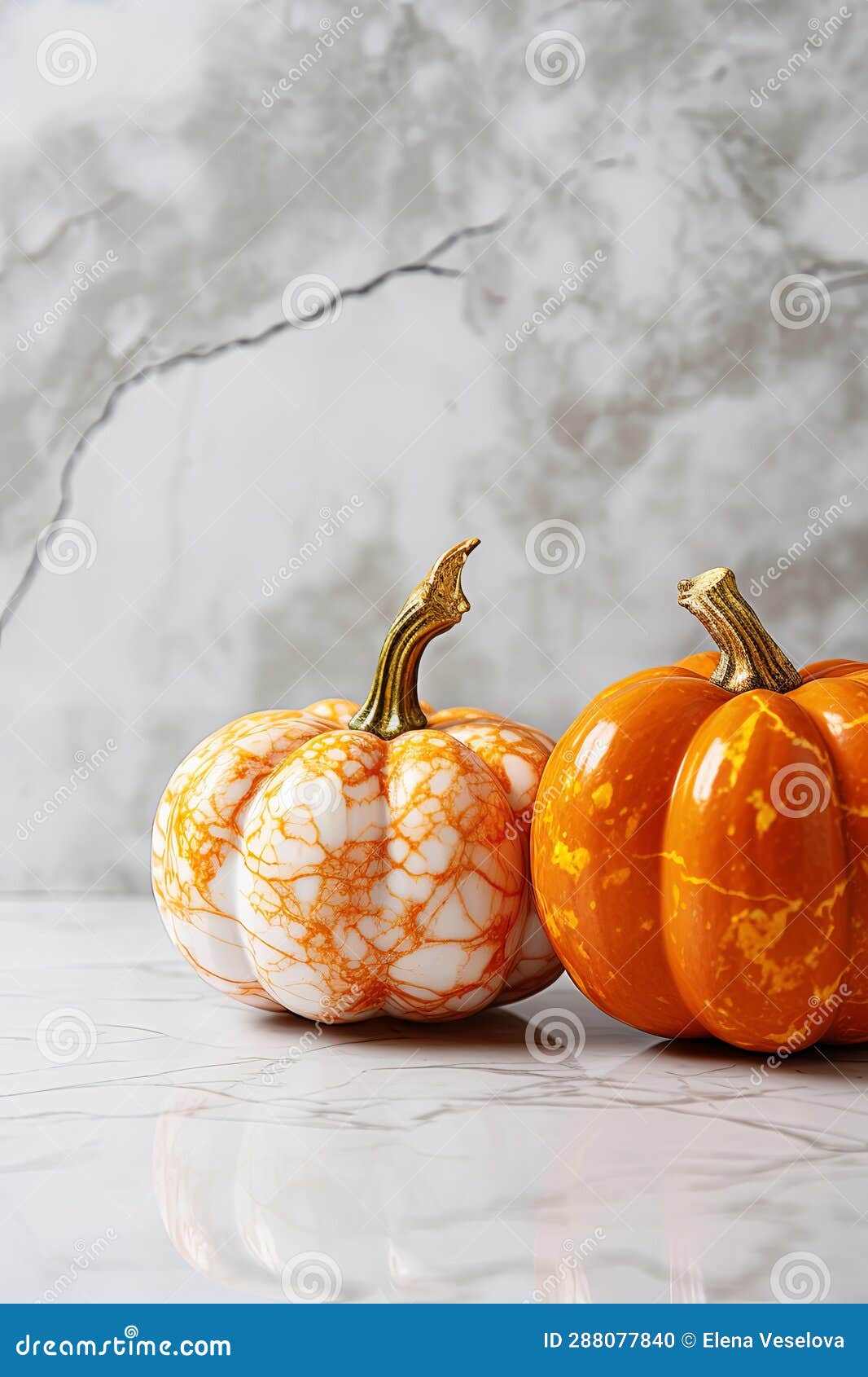 Decorative Pumpkins on Marble Table, Fall Centerpiece for Thanksgiving