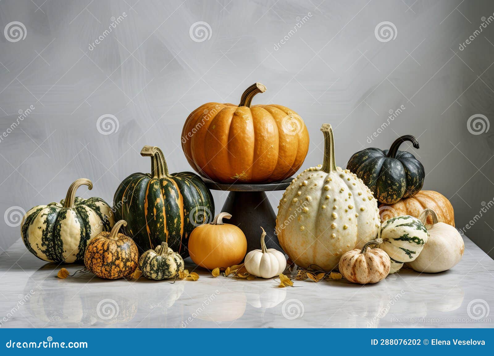 Decorative Pumpkins on Marble Table, Fall Centerpiece for Thanksgiving