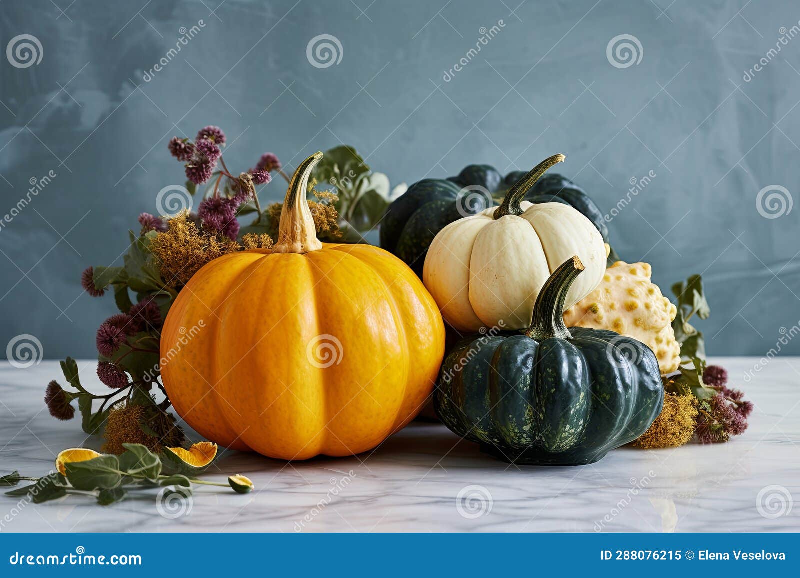 Decorative Pumpkins on Marble Table, Fall Centerpiece for Thanksgiving