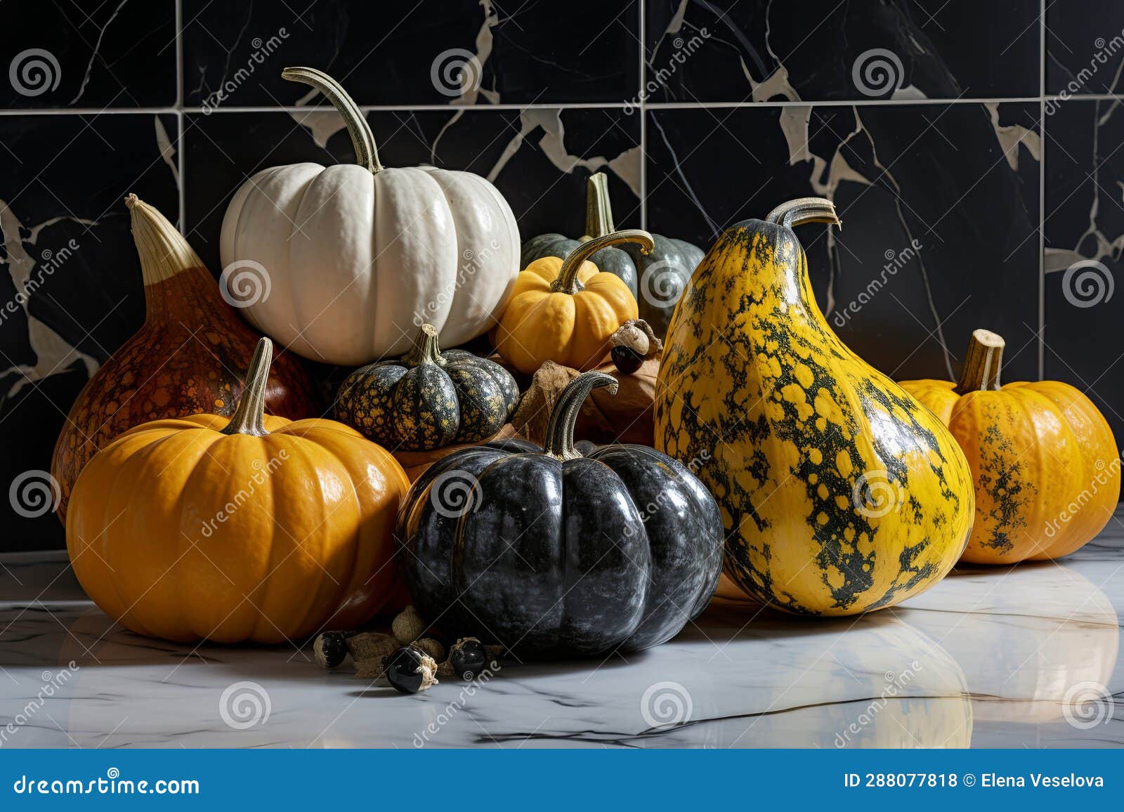 Decorative Pumpkins on Marble Table, Fall Centerpiece for Thanksgiving
