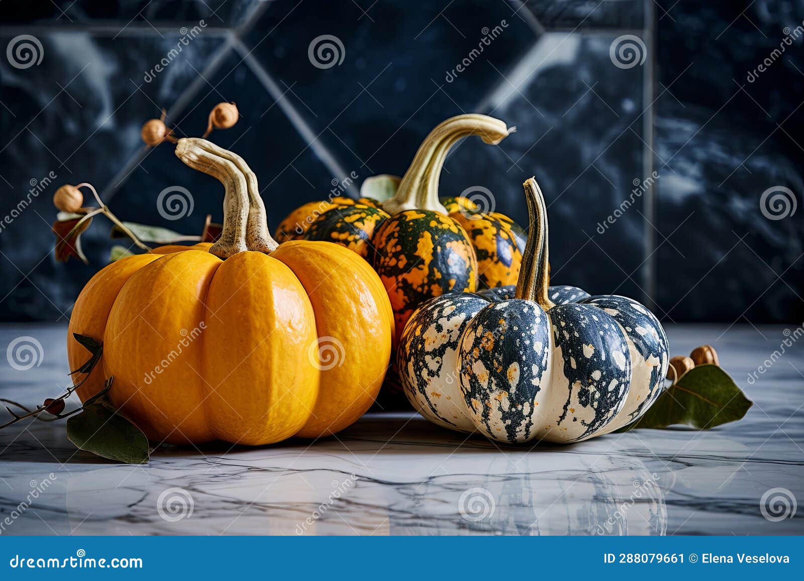 Decorative Pumpkins on Marble Table, Fall Centerpiece for Thanksgiving
