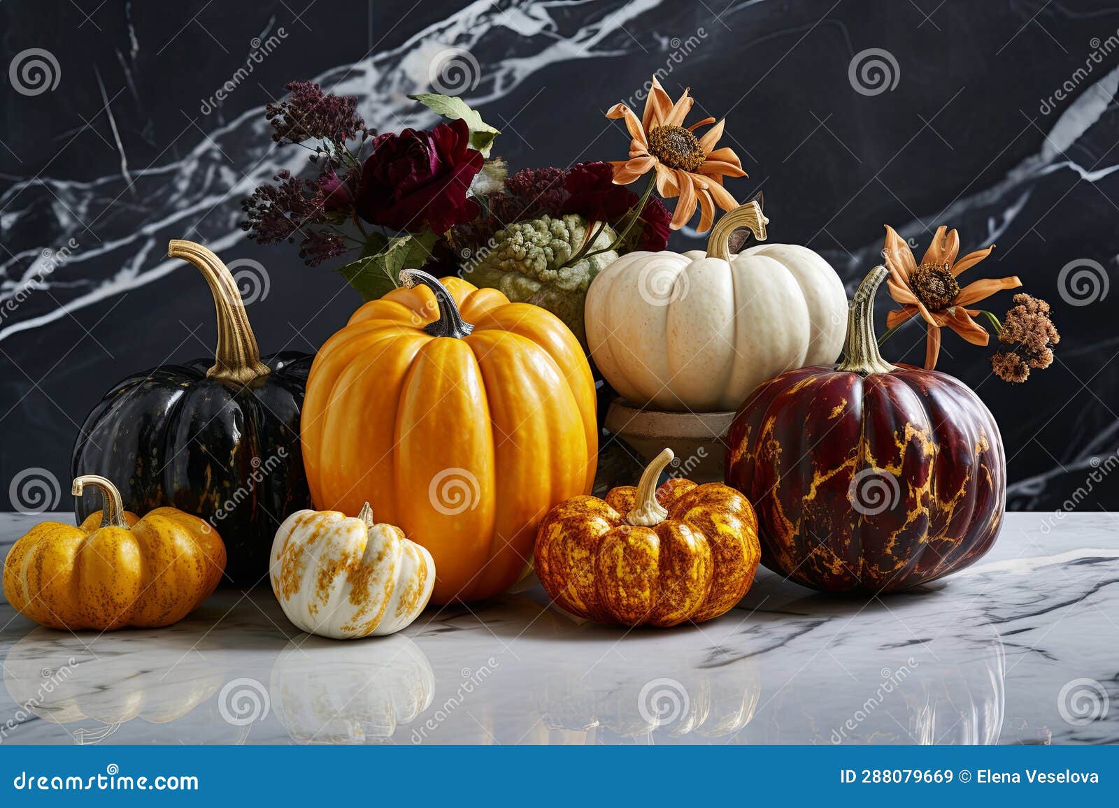 Decorative Pumpkins on Marble Table, Fall Centerpiece for Thanksgiving