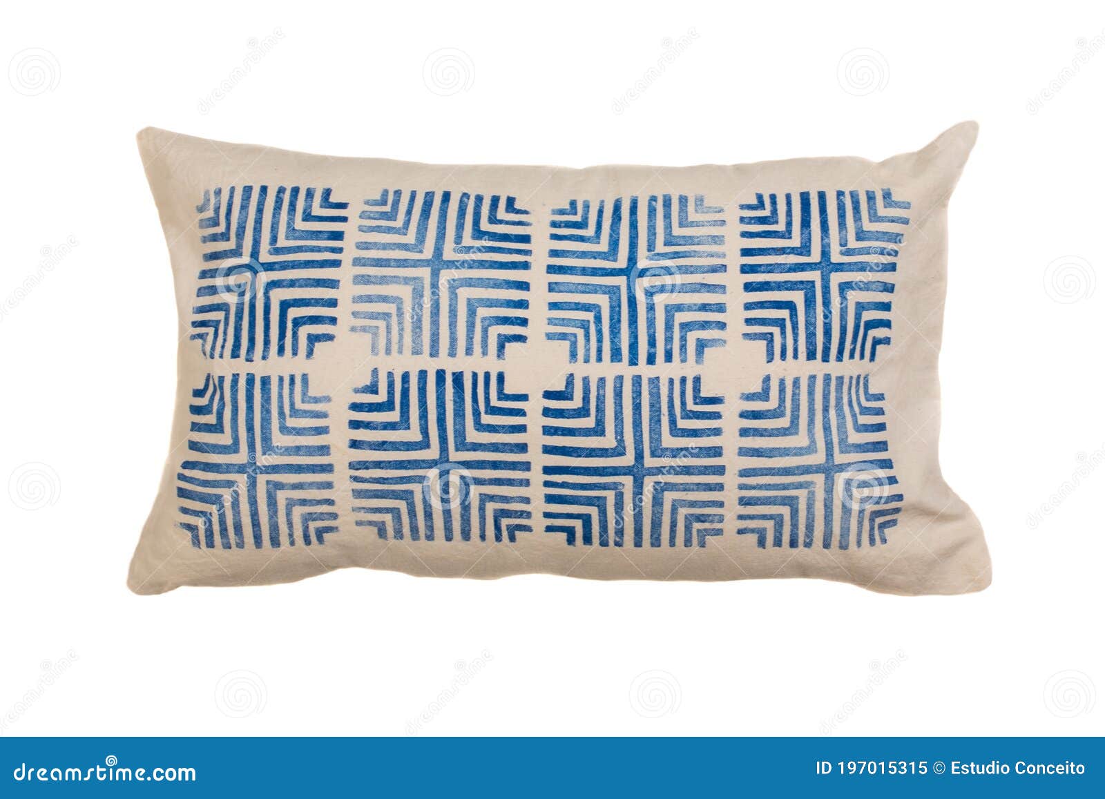 decorative rectangular pillow in whitish color with geometric pattern in blue color  on white background