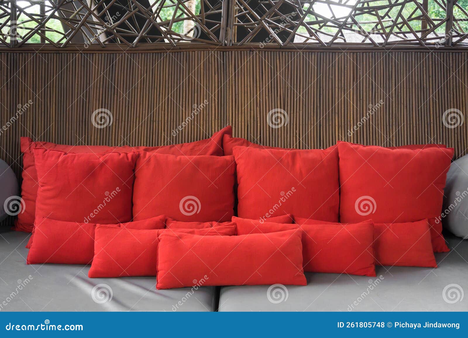 Decorative Red Pillows Natural Fabric, Interior Design Stock Photo