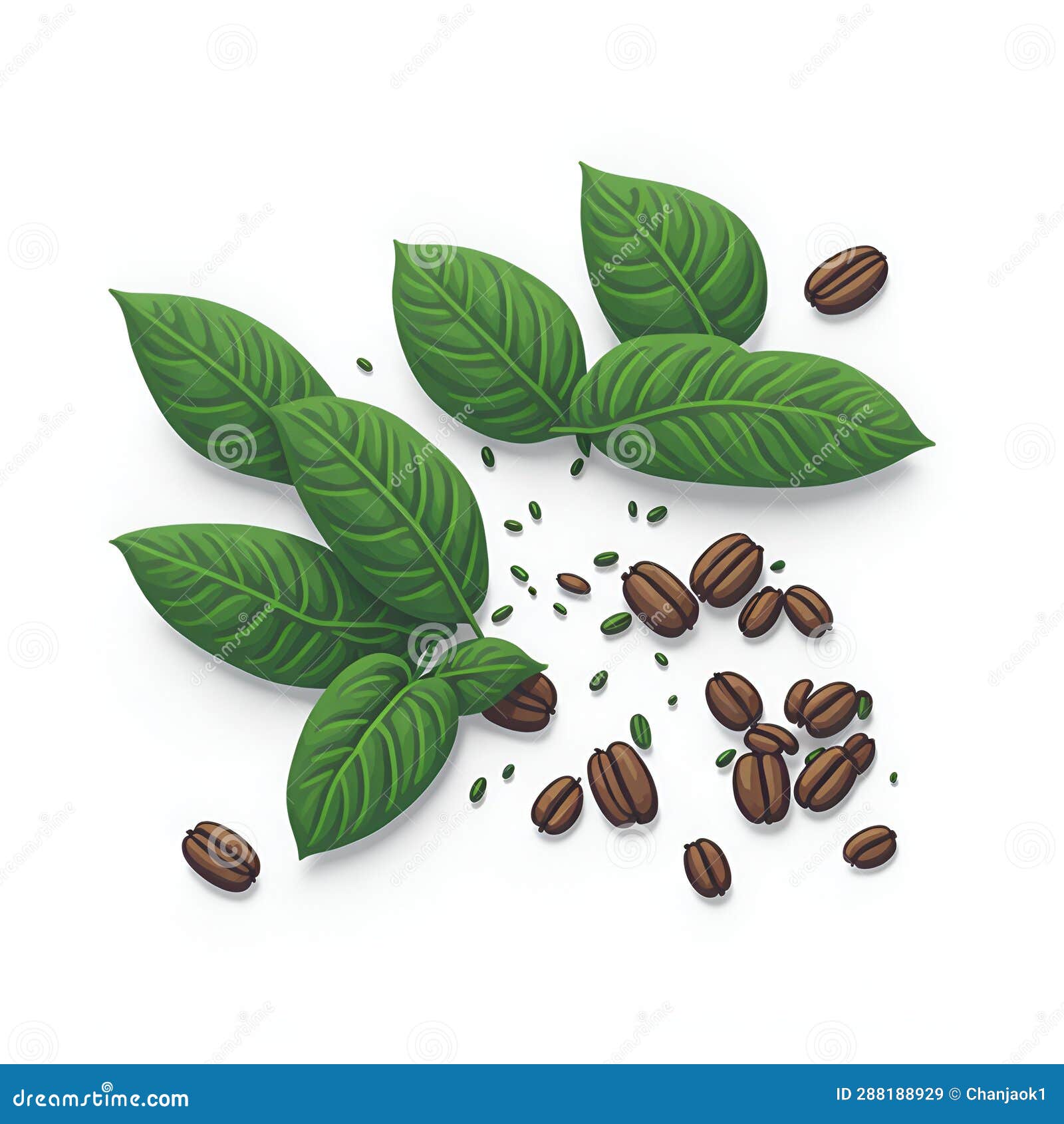 Decorative of Roasted of Coffee Beans and Green Leaves on White Background with. Raw Material of