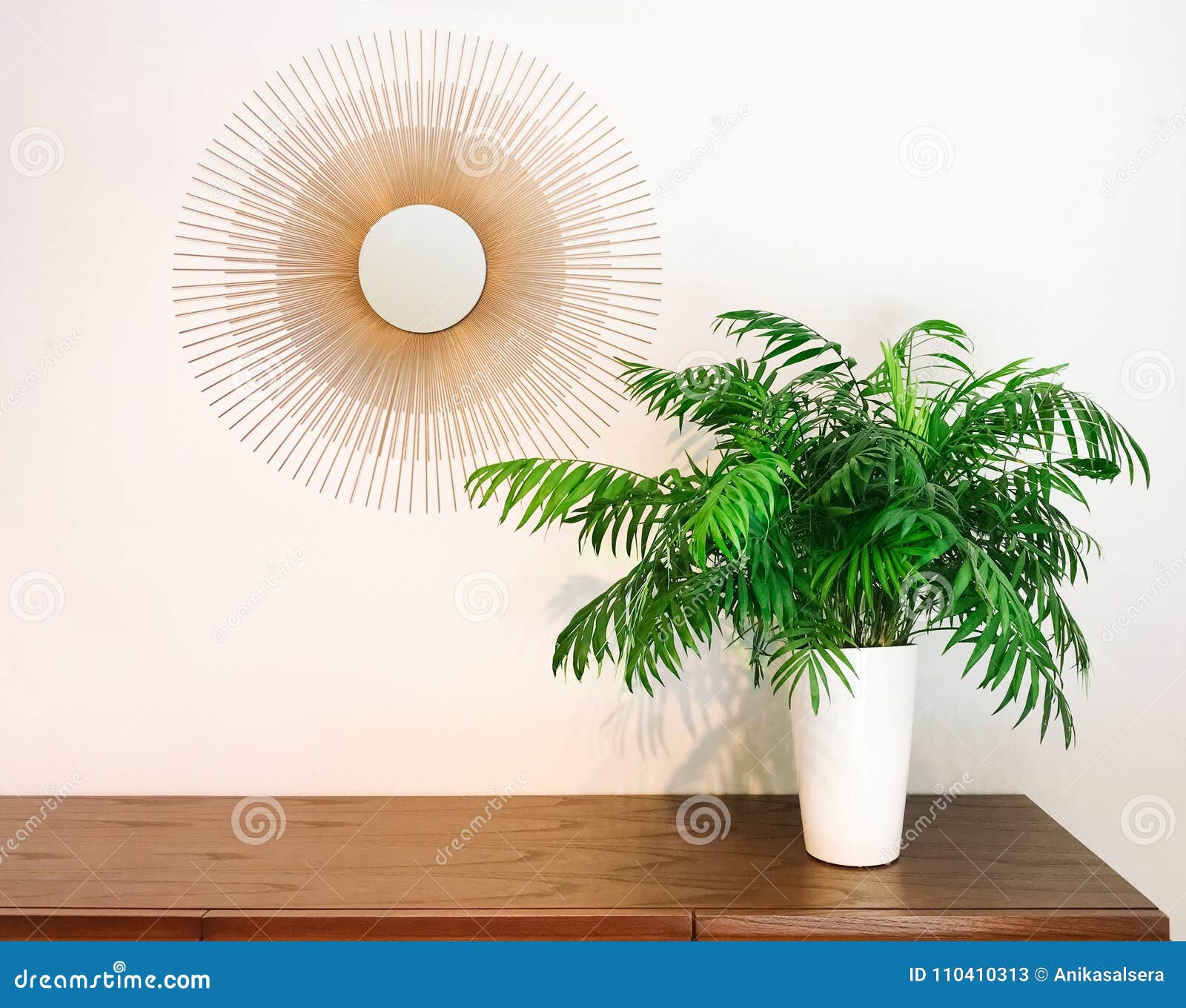 decorative round mirror and parlor palm plant on a dresser