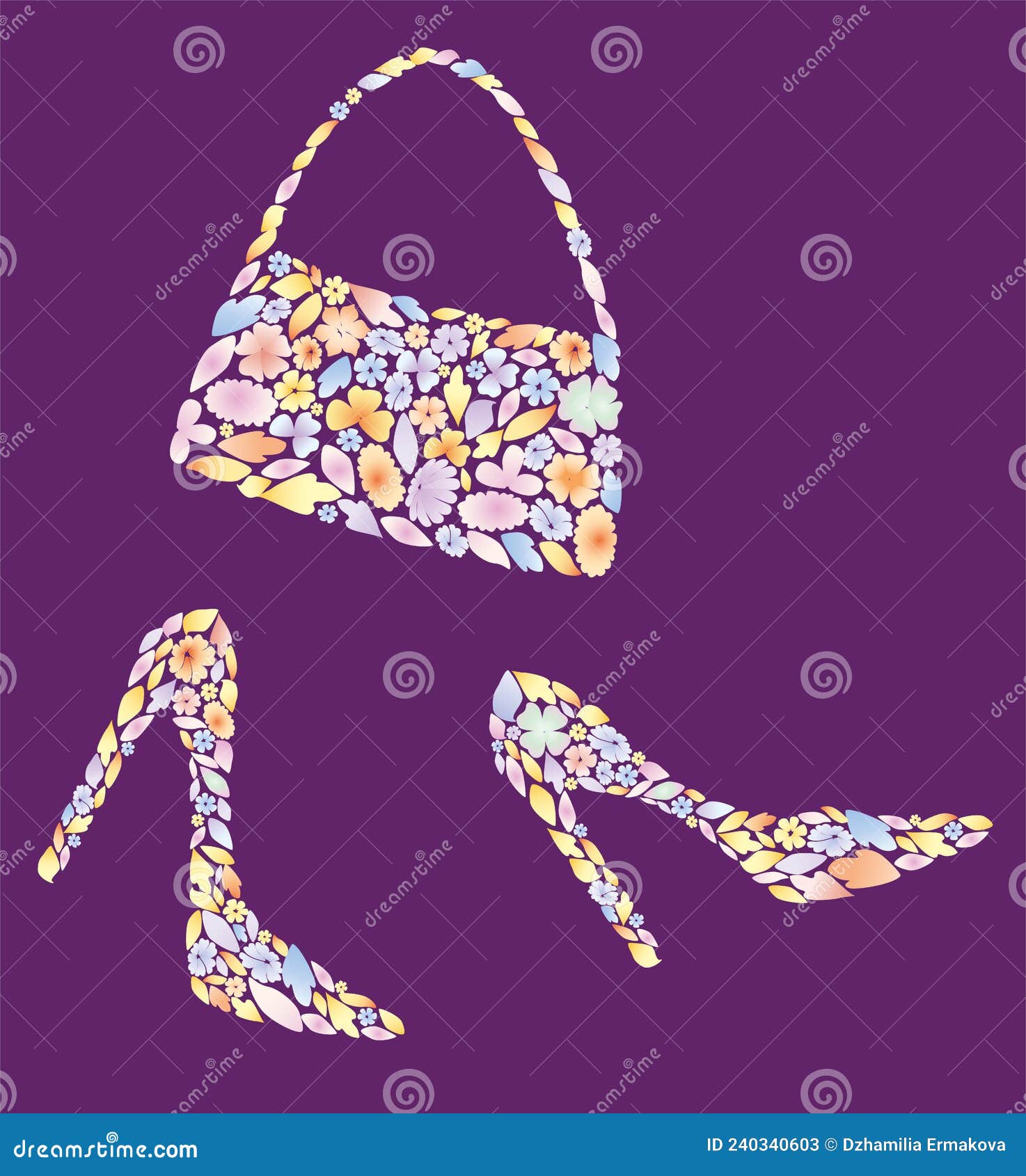 decorative silhouettes elegante female shoes on high heels and small handbag from abstract colorful flowers and leaves