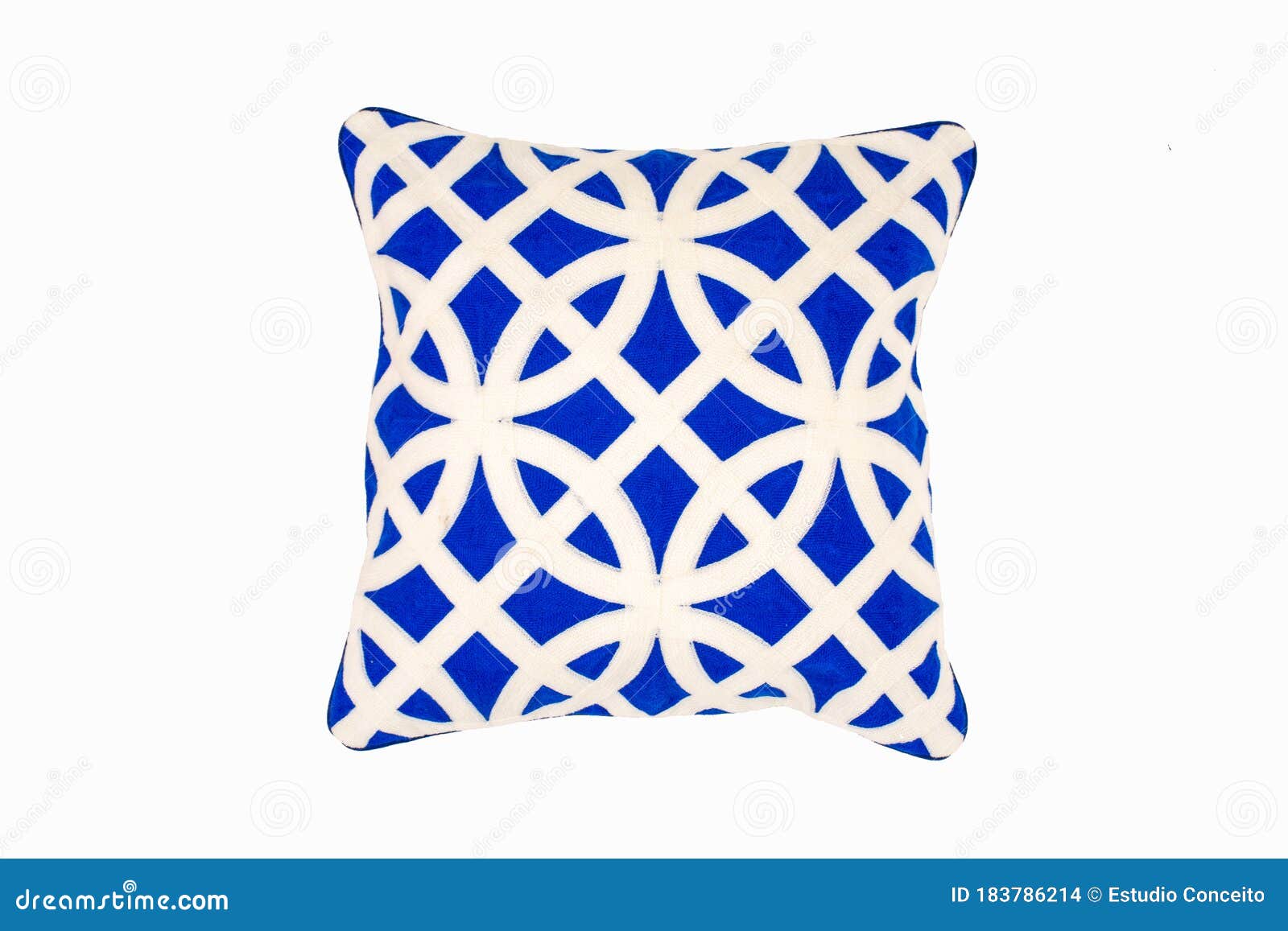 Decorative Soft Pillow, with Geometric Pattern in Blue and White Color
