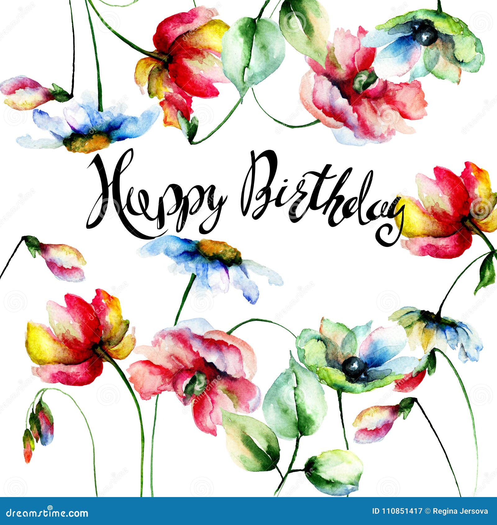 Decorative Summer Flowers with Happy Birthday Stock Illustration ...