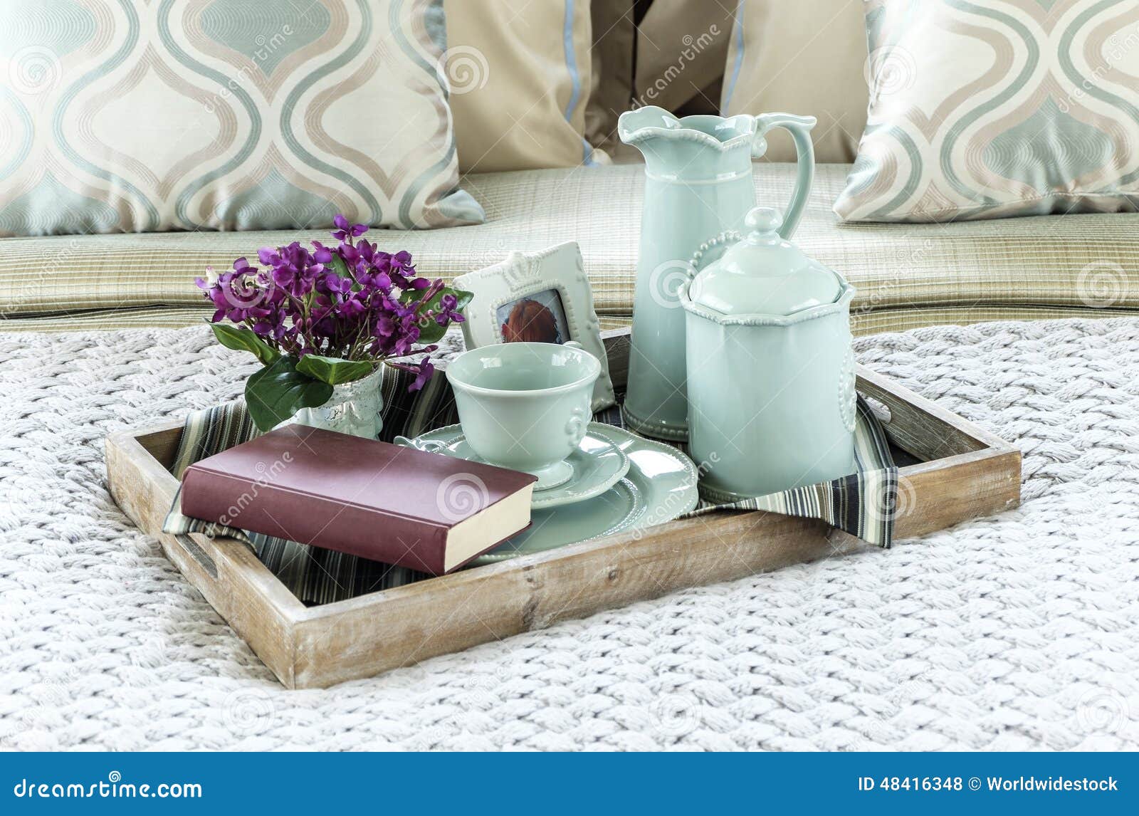 Decorative Tray with Book, Tea Set and Flower Stock Photo Image of