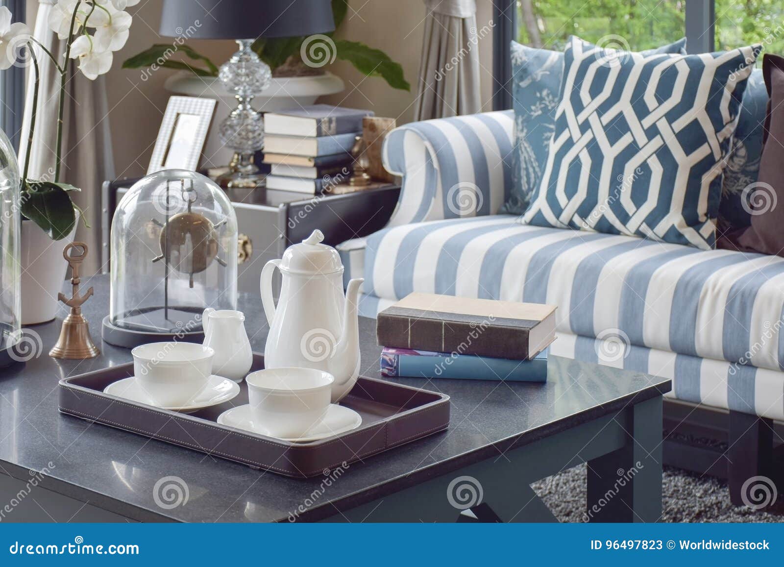 Decorative Tray Of Tea Cup On Wooden Table In Luxury Living Room