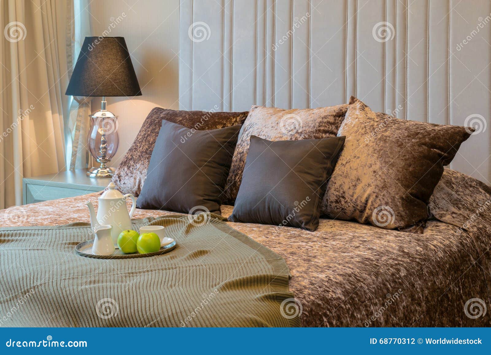 Decorative Tray with Tea Set and Green Apple on the Bed Stock Photo Image of interior