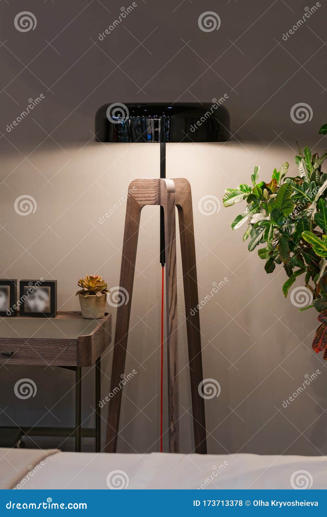 Decorative Tripos Wooden Standing Light Floor Lamp In Bedroom Black Lacquered Floor Lamp Shade Stock Photo Image Of Contemporary Bright 173713378
