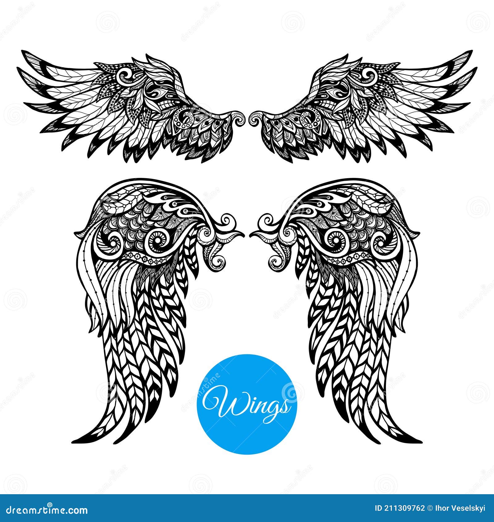 Decorative Wings Set stock vector. Illustration of doodle - 211309762