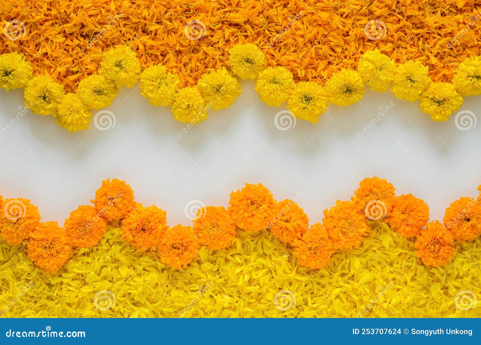 Decorative Yellow and Orange Color Marigold Flowers and Petals Rangoli for  Diwali Festival Stock Photo - Image of celebration, background: 253707624