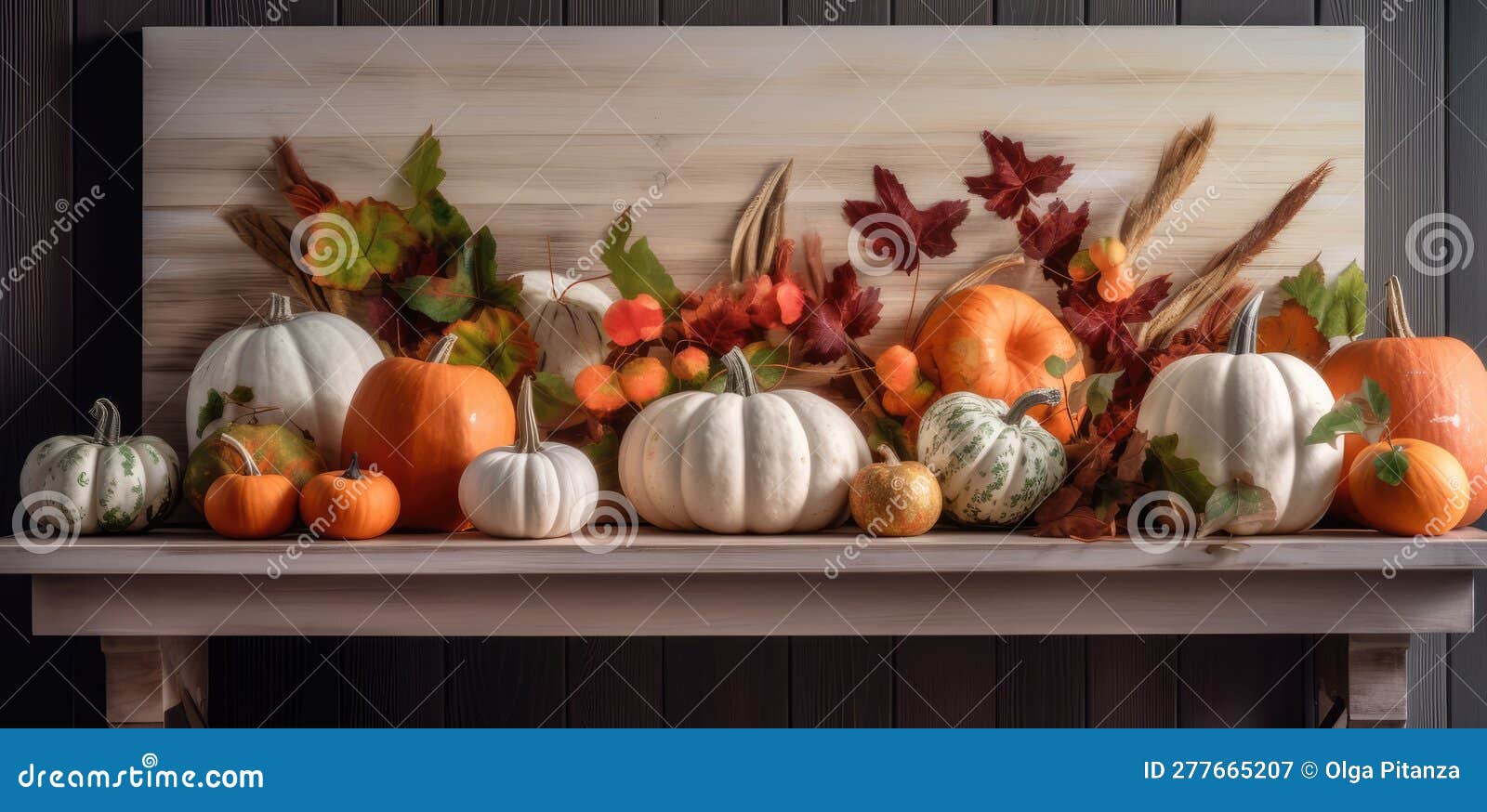 decorazioni autunnali festive da zucche, bacche e foglie su sfondo di legno. ringraziamento o concetto di halloween. ia generativa