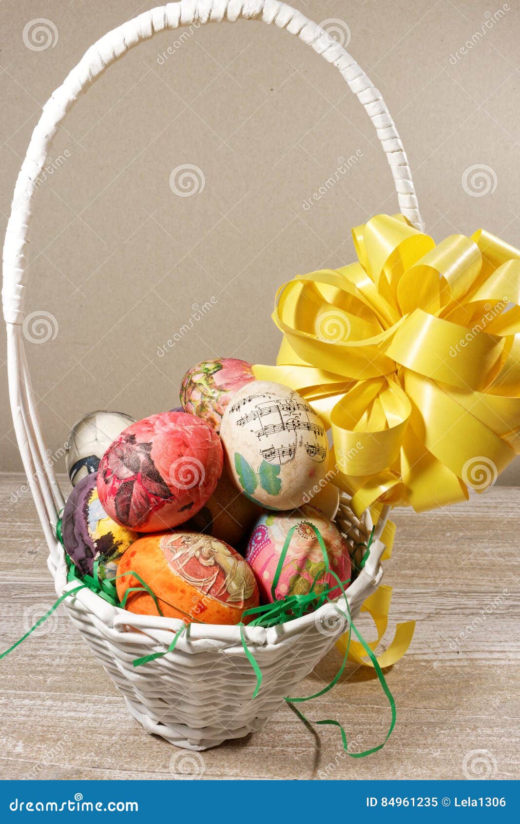 Decoupage Decorated Colorful Easter Eggs in Wicker Basket Stock Image Image of table, napkin
