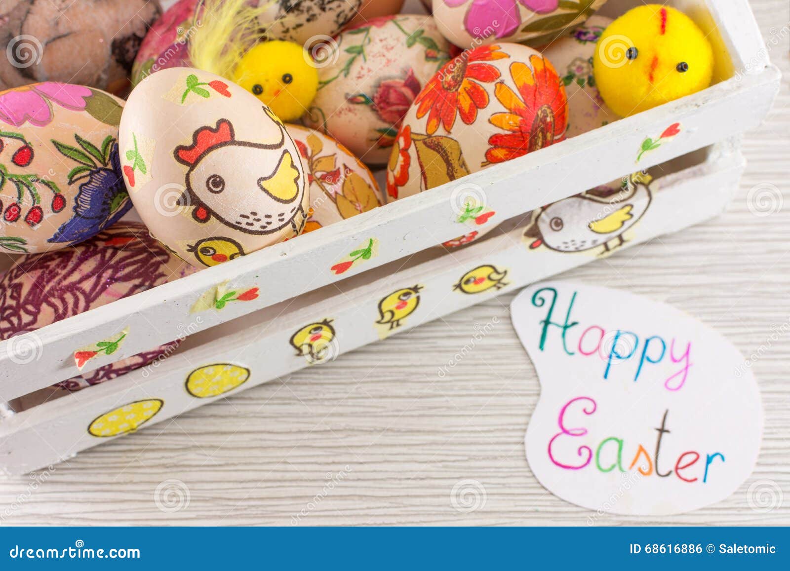 Decoupage Decorated Easter Eggs in Decorated Wooden Box Stock Photo