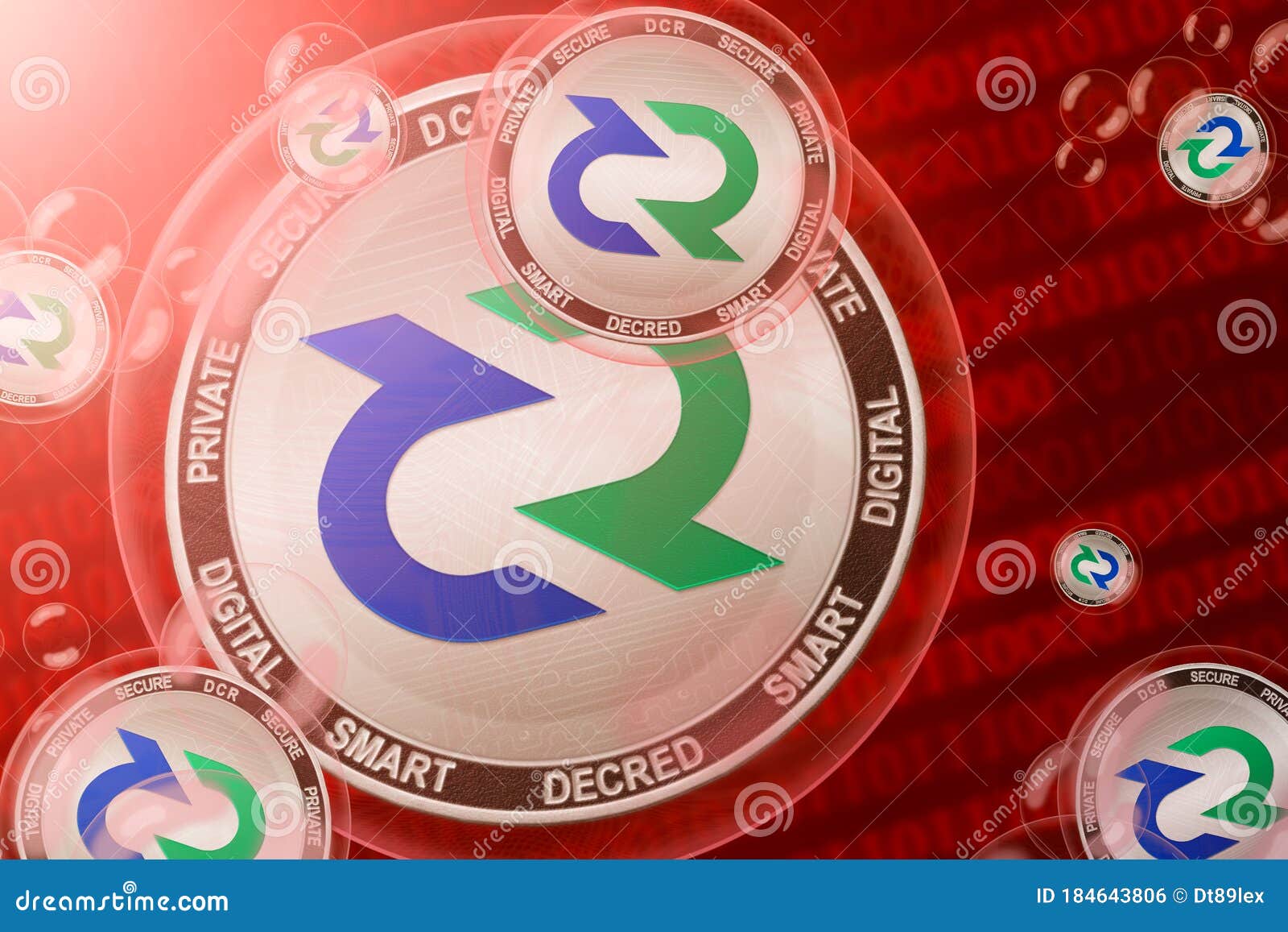 decred crash, bubble. decred dcr cryptocurrency coins in a bubbles on the binary code background