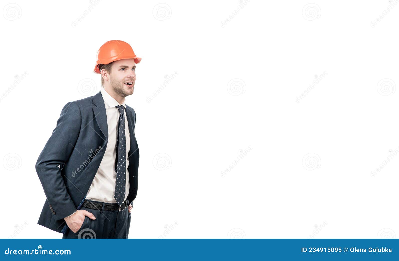 always dedicated and devoted. happy engineer  on white. civil engineer wear hardhat