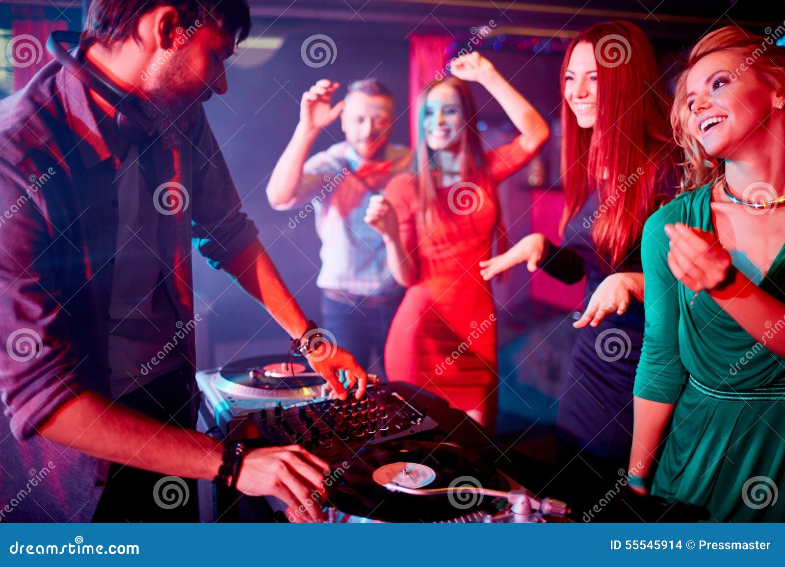 Deejay and pretty dancers stock photo. Image of dynamic - 55545914