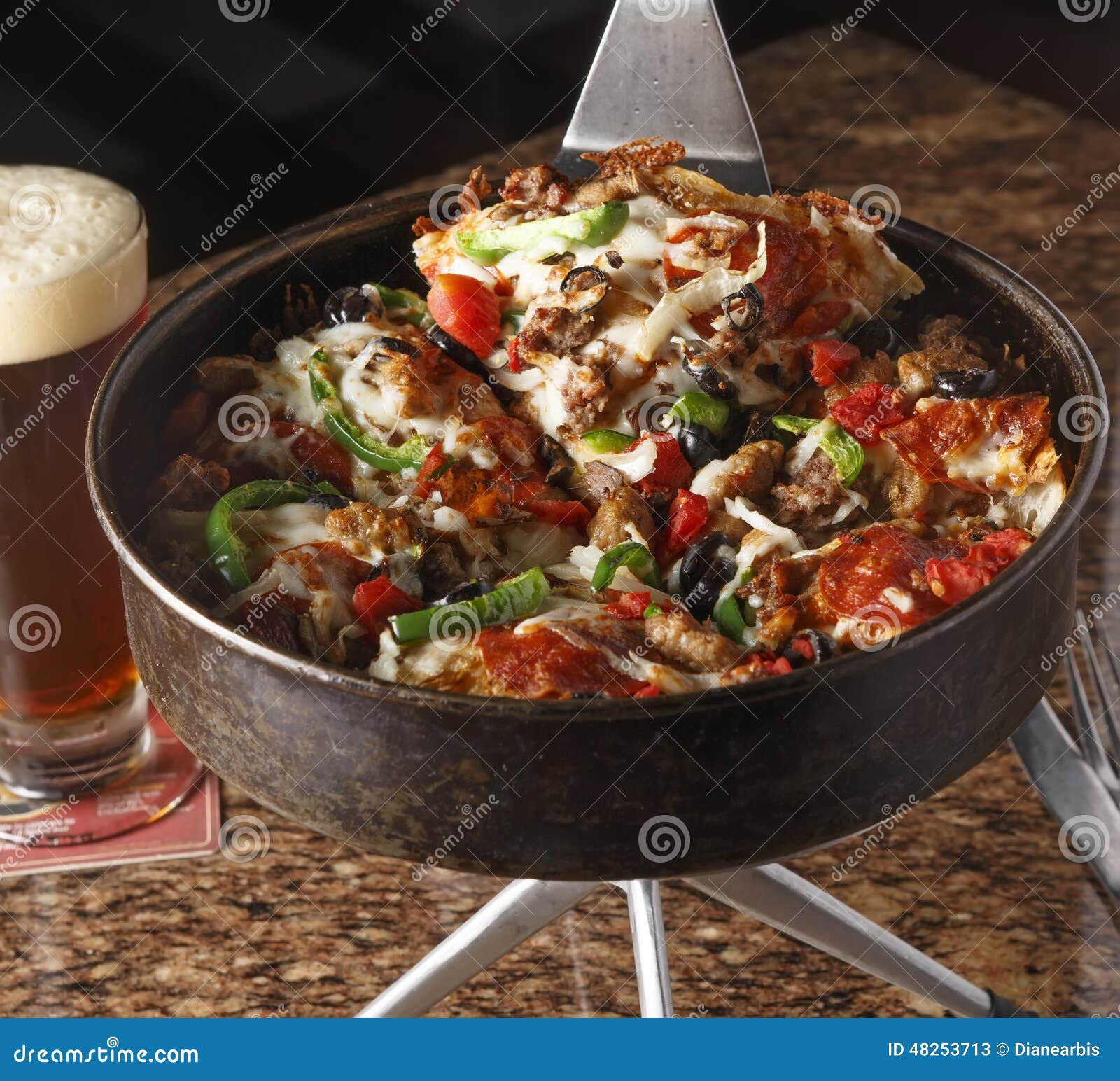 Deep Dish Pizza and Beer stock image. Image of food, baked 48253713