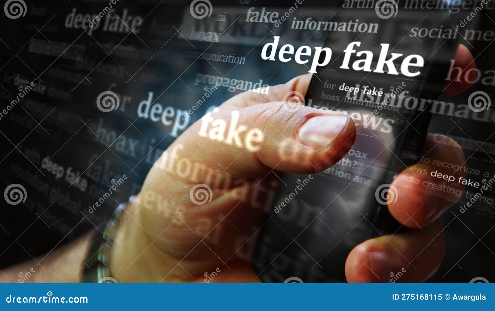 deep fake hoax and manipulation news titles on screen in hand 3d 