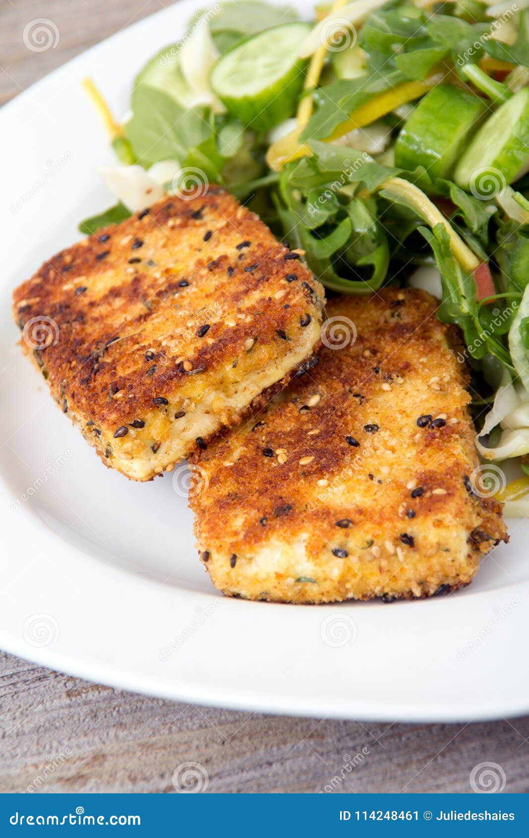 Deep Fried Tofu Slices with Salad Stock Image - Image of background