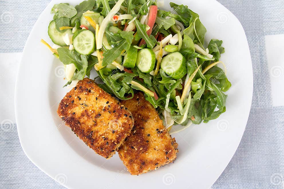 Deep Fried Tofu Slices with Salad Stock Image - Image of sesame