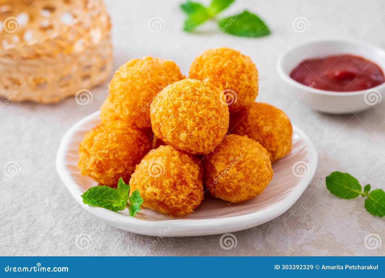 Deep Fried Cheese Balls on Plate and Ketchup Stock Image Image of