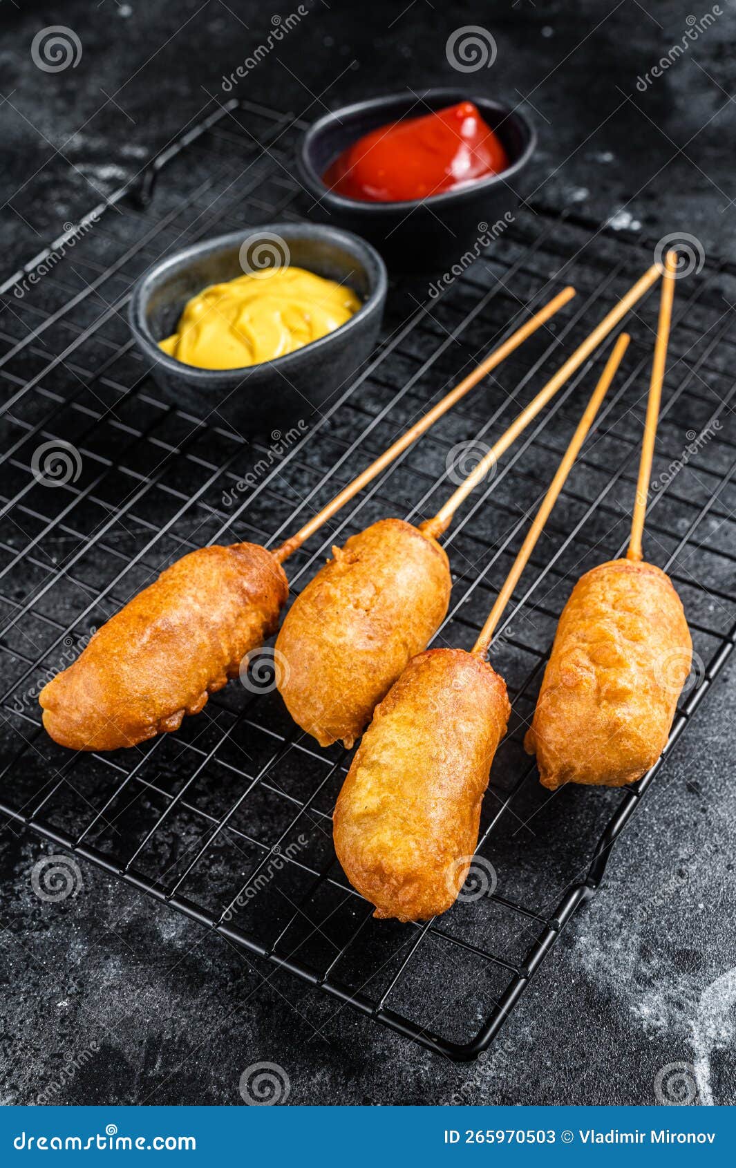 Deep Fried Corn Dogs with Mustard and Ketchup. Black Background Stock Image Image of lunch